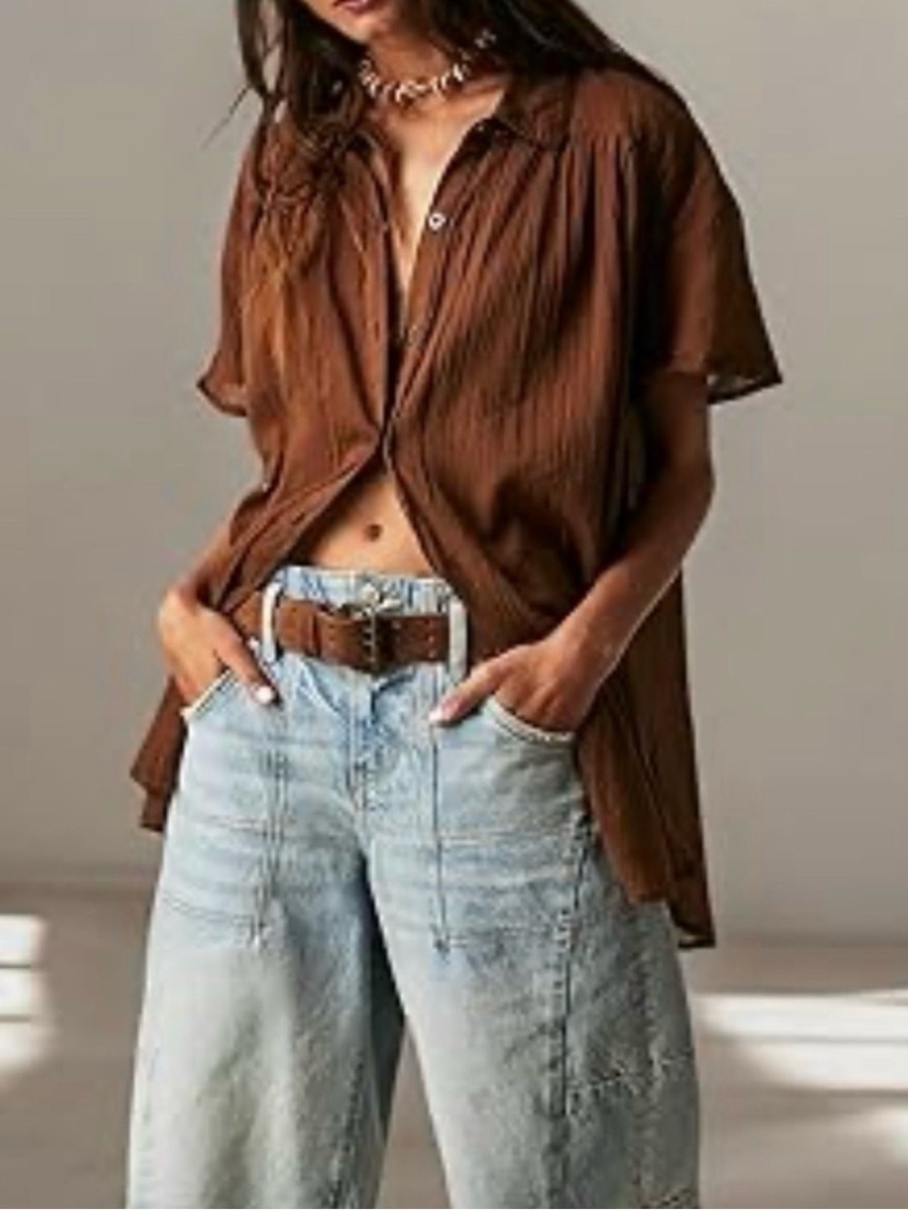 Free People We The Free Float Away Cotton Crinkle Brown Shirt Button Down Tunic